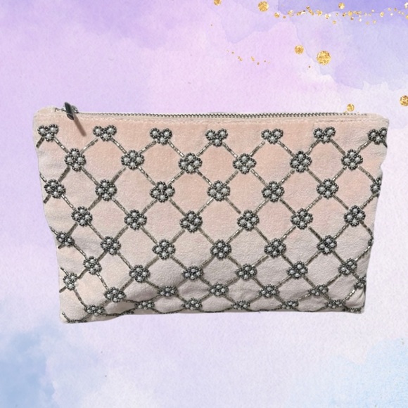 Loft Pink Velvet Beaded Zip Cosmetic Bag w/ Interior Pocket, NWOT - Picture 1 of 5